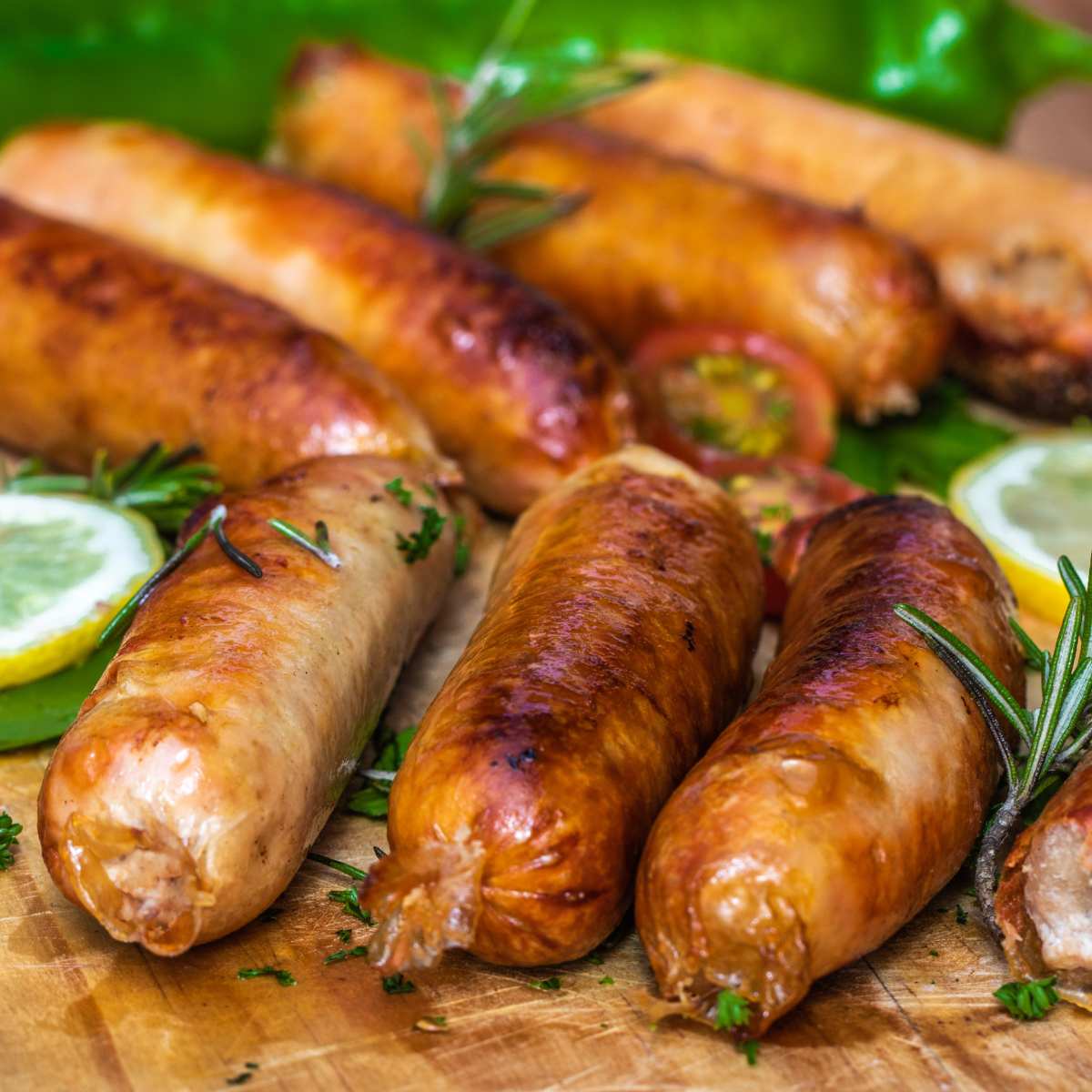 A plate of cooked sausages with herbs and tomatoes scattered amongst them.